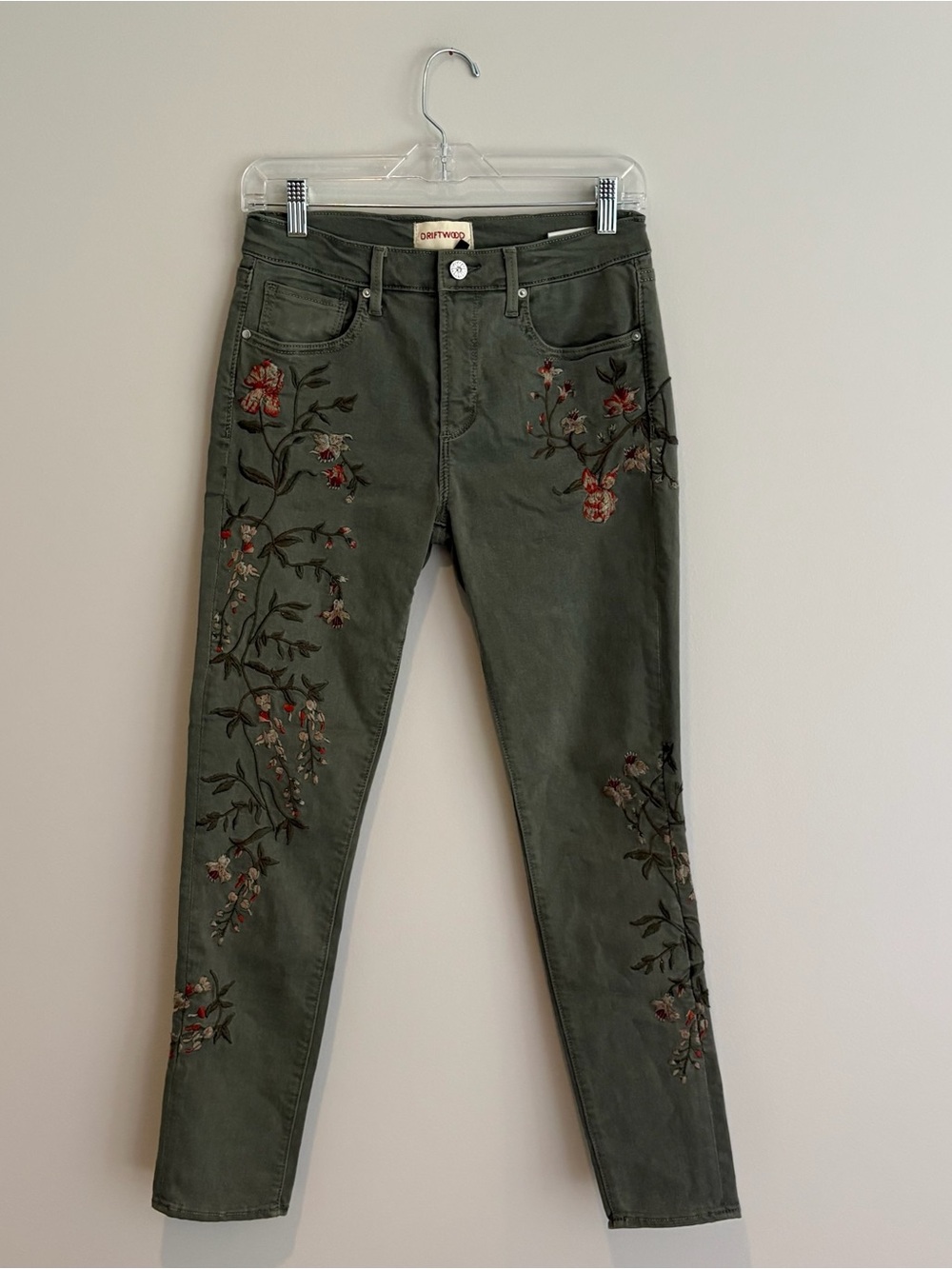 DRIFTWOOD Jackie Olive Green Skinny Pants with Floral Embroidery Size 27